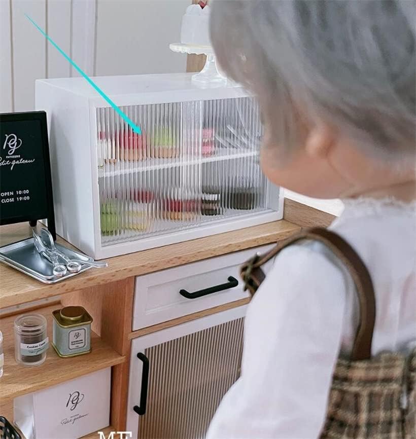 EatingBiting 1:6 mini House White Miniature Furniture Wood Cake Commercial Countertop Bakery Display Case Cabinet Storage Showcase with Acrylic Movable Window 3.9" for Figures Tea Set Cosmetics