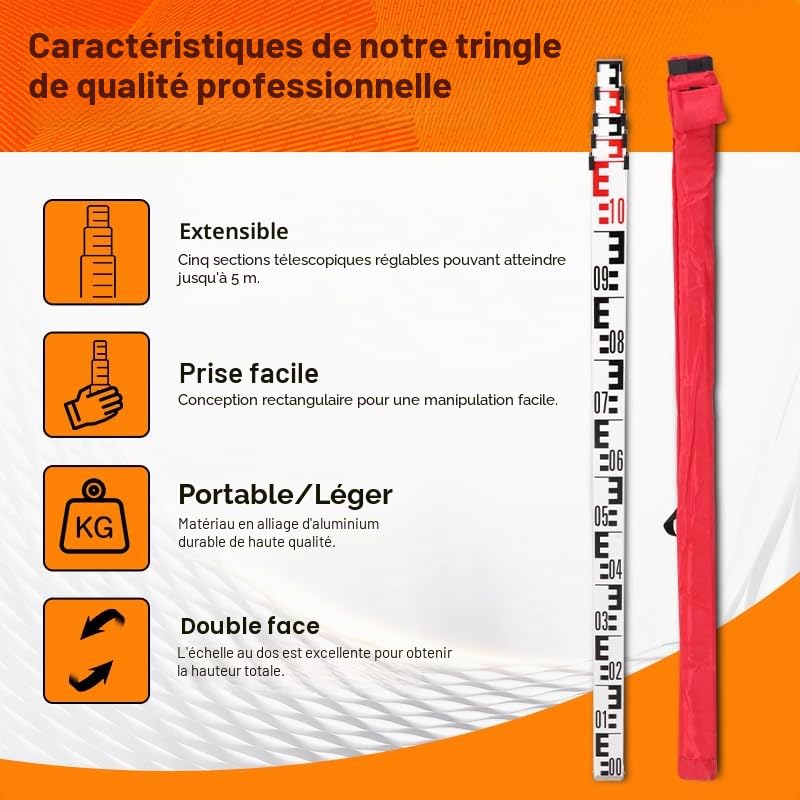 Barre de nivellement en aluminium de 1 mm d'épaisseur, impression E, avec sacs de transport et niveau de canne (5 m)