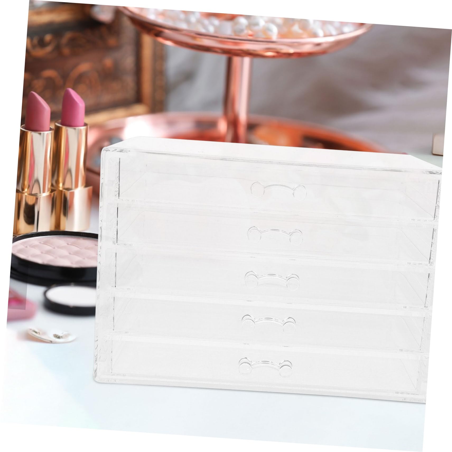 SOLUSTRE Organizador de Maquillaje con 5 Cajones Soporte para Cosméticos Transparente Diseño Compacto para Joyería y Lápices Labiales Organizador de Escritorio para Tocador