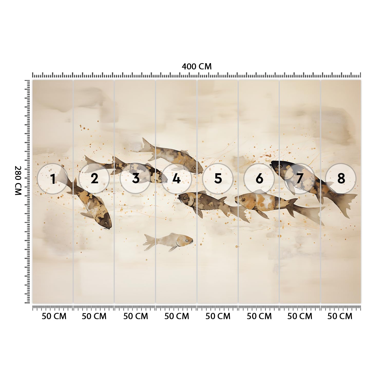 Feeby Fototapete Aquarell Koi Karpfen 400x280 cm Beige XXL Vlies Wandtapete Tapeten Wohnzimmer Schlafzimmer Jugendzimmer Moderne Design Wandbild Wand Dekoration Fisch Natur