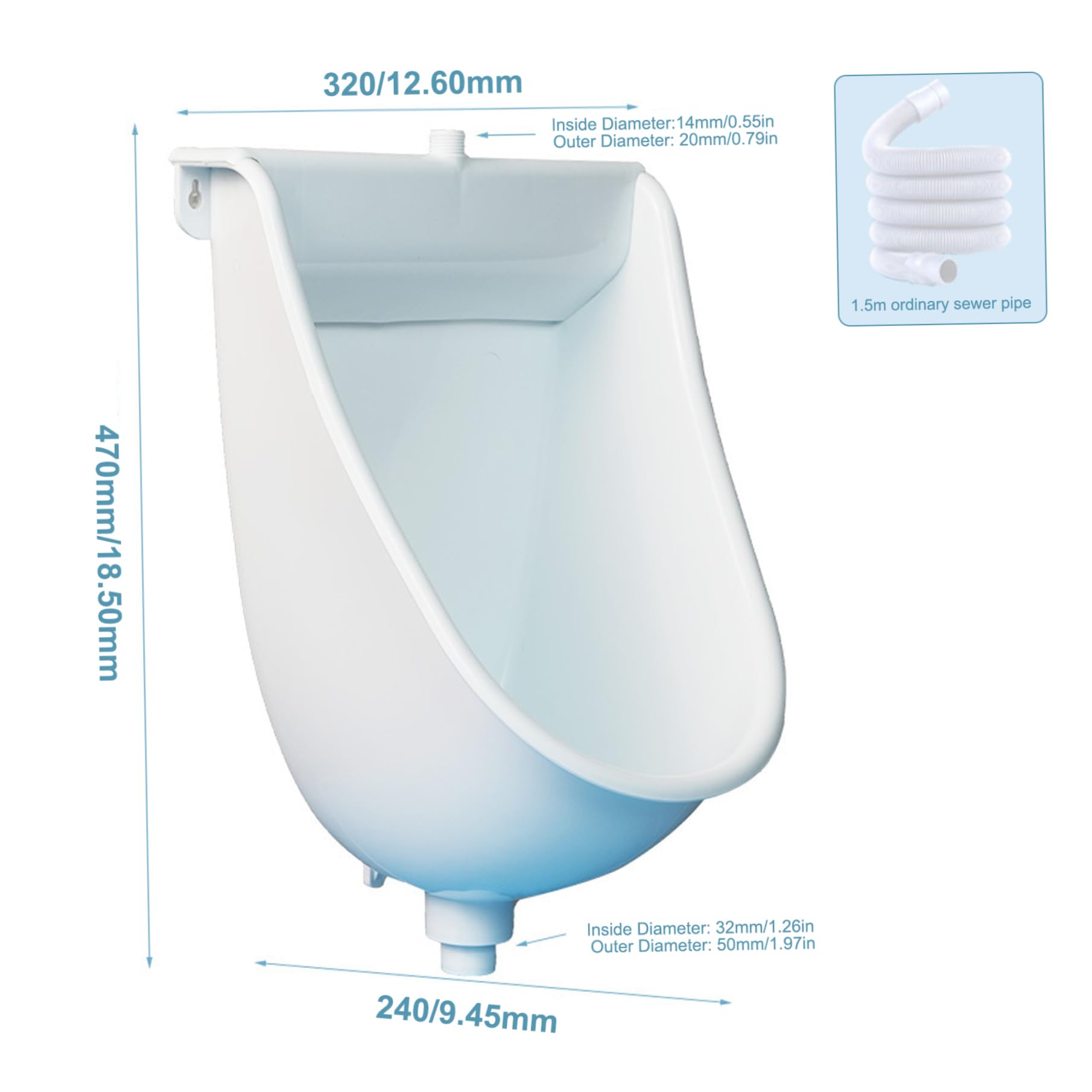 Urinoir sans eau pour homme – Urinoir mural d'extérieur résistant aux éclaboussures avec tuyau de 150 cm, design anti-obstruction, parfait pour salle de bain et utilisation sur site – 24,1 x 32 x 47