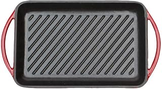 LI-GELISI Enameled Pre-Seasoned Cast Iron Double Handle Rectangle Grill Pan 15.8 inch, Red