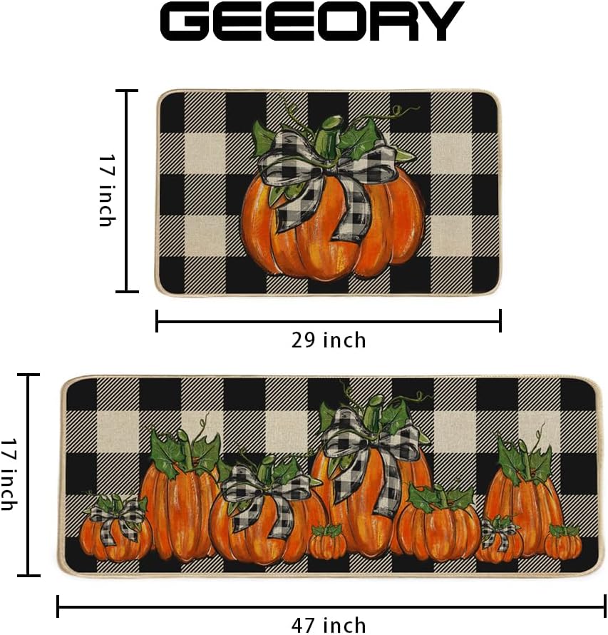 GEEORY Fall Kitchen Mats Set of 2, Buffalo Plaid Pumpkins Bowknot Floor Mat Farmhouse Seasonal Holiday Thanksgiving Decorations 17x29 and 17x47 Inch (Plaid) GK077