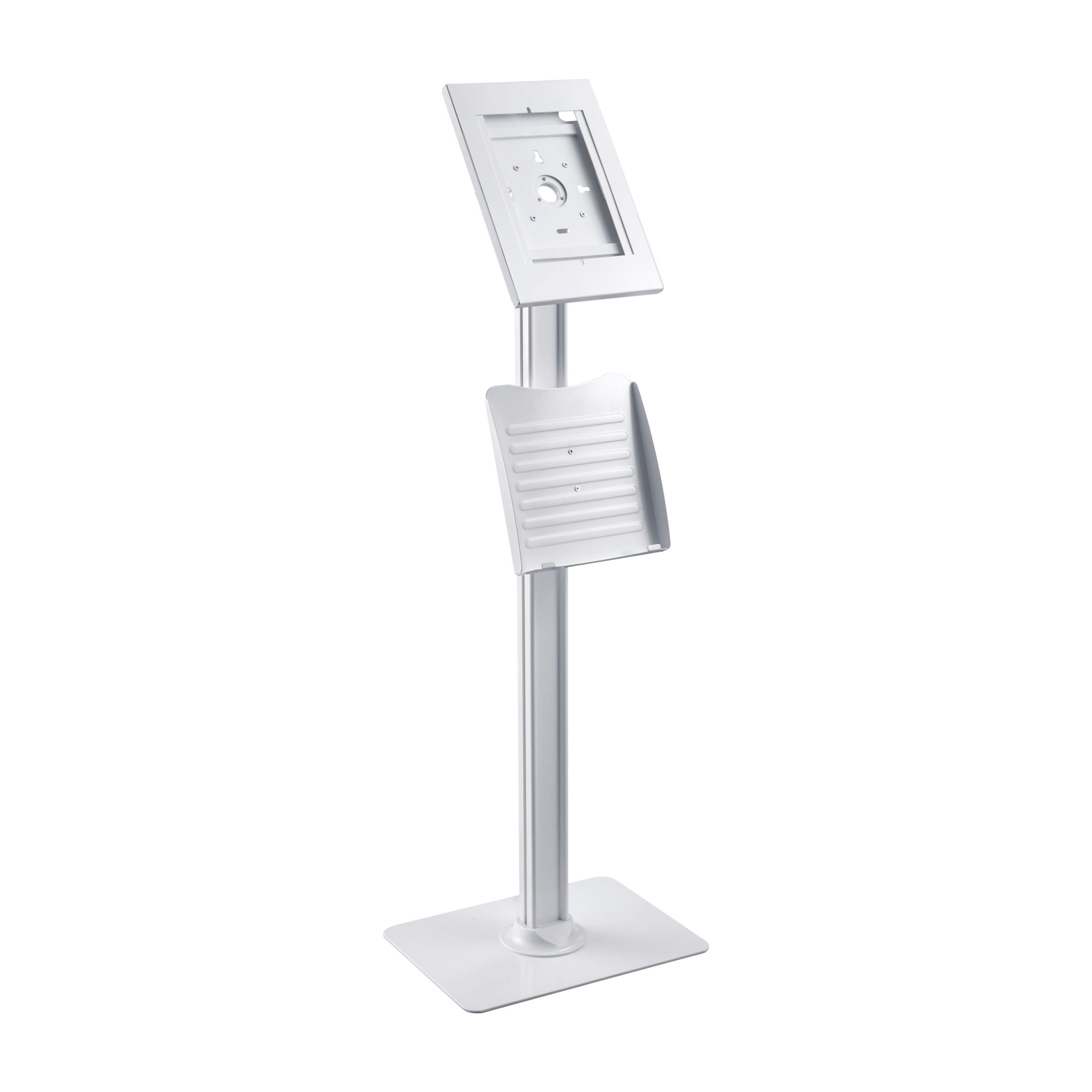 PureMounts PDS-5921 Standfuß mit Broschürenhalter und abschließbarem Stahlgehäuse für Tablets Apple iPad 9.7", "10.2", "Pro 10.5", "Air 10.5" (Gen 3), Samsung Tab A 10.1" 2019, weiß