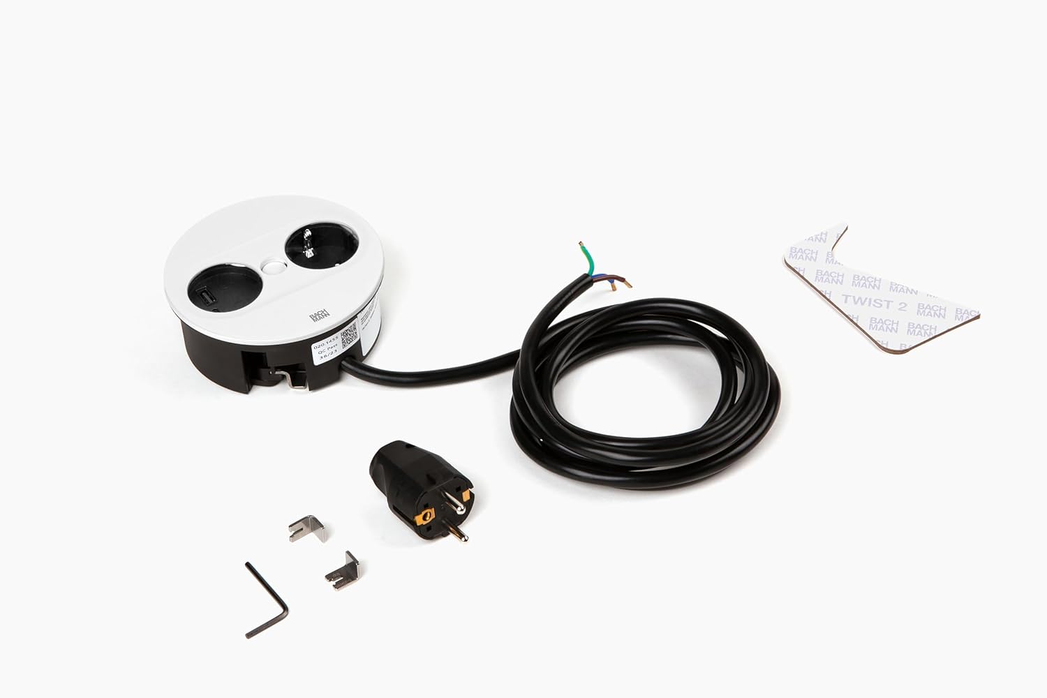 BACHMANN Twist 2 Built-in Socket Round 1 x Socket with USB A and USB C 2 m Cable Table Socket for Kitchen and Office White 946.204 (with Automatic Opening and Anti-Fingerprint Coating