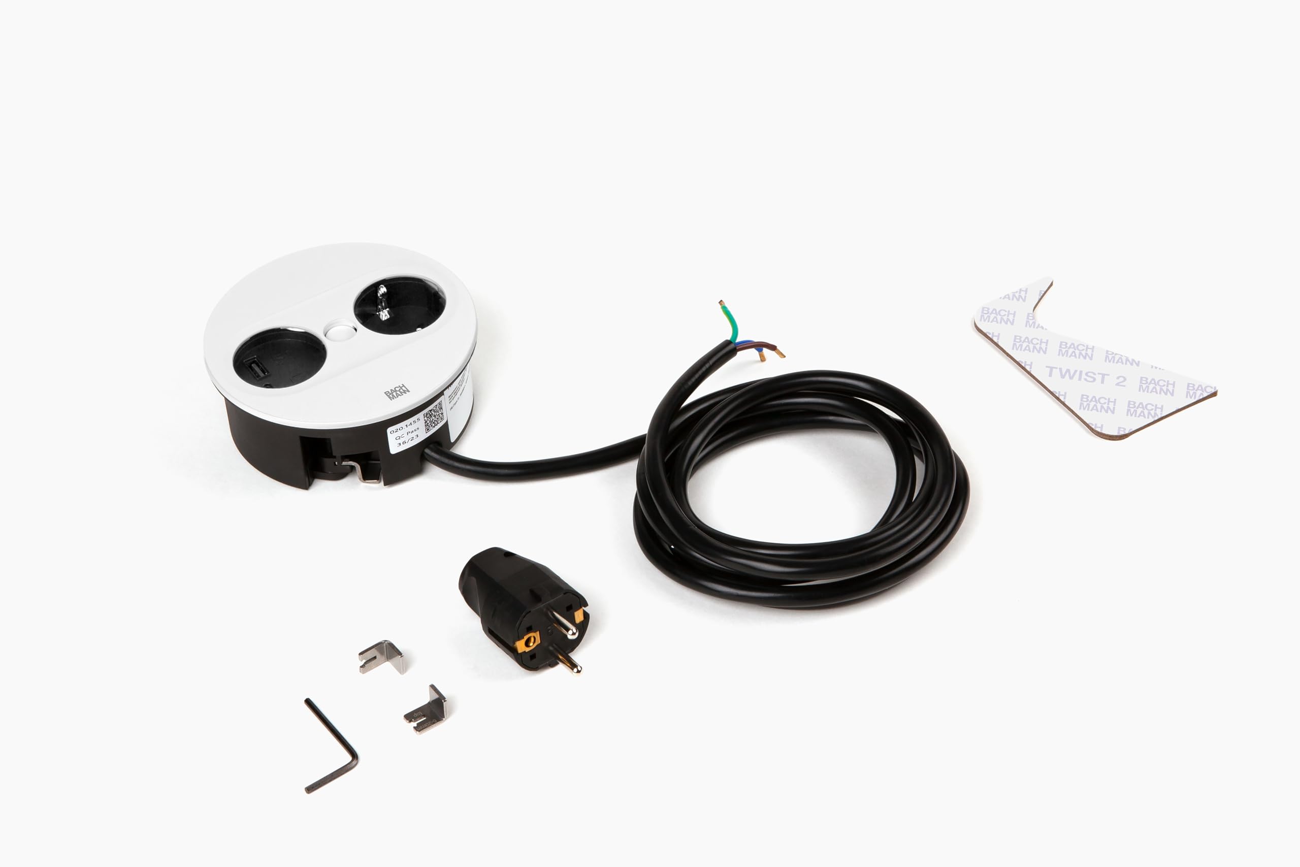 BACHMANN Einbausteckdose Twist 2 Rund 1x Steckdose mit USB A und USB C 2m Kabel Tischsteckdose für Küche und Büro Weiß 946.204 (mit automatische Öffnung und Anti-Fingerprint Beschichtung