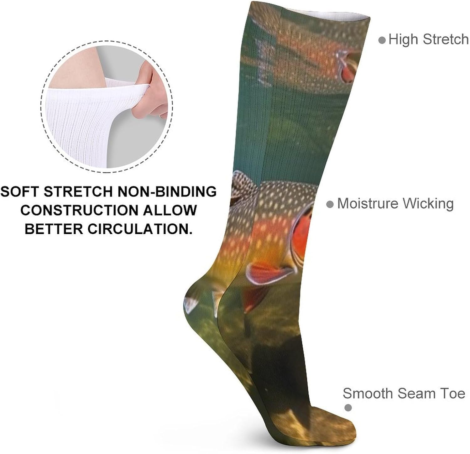 Brook Trout Fly Fishing Crew Socks Casual Breathable Calf Socks | Cushion Running Athletic Socks Long Performance Breathable Sports Socks for Women Men