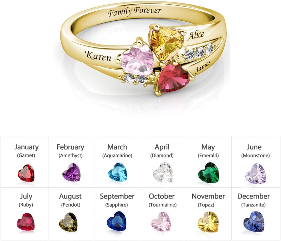 URONE Mothers Rings With 3 Birthstones Sterling Silver Custom Name Ring Personalized Rings For Women Girls