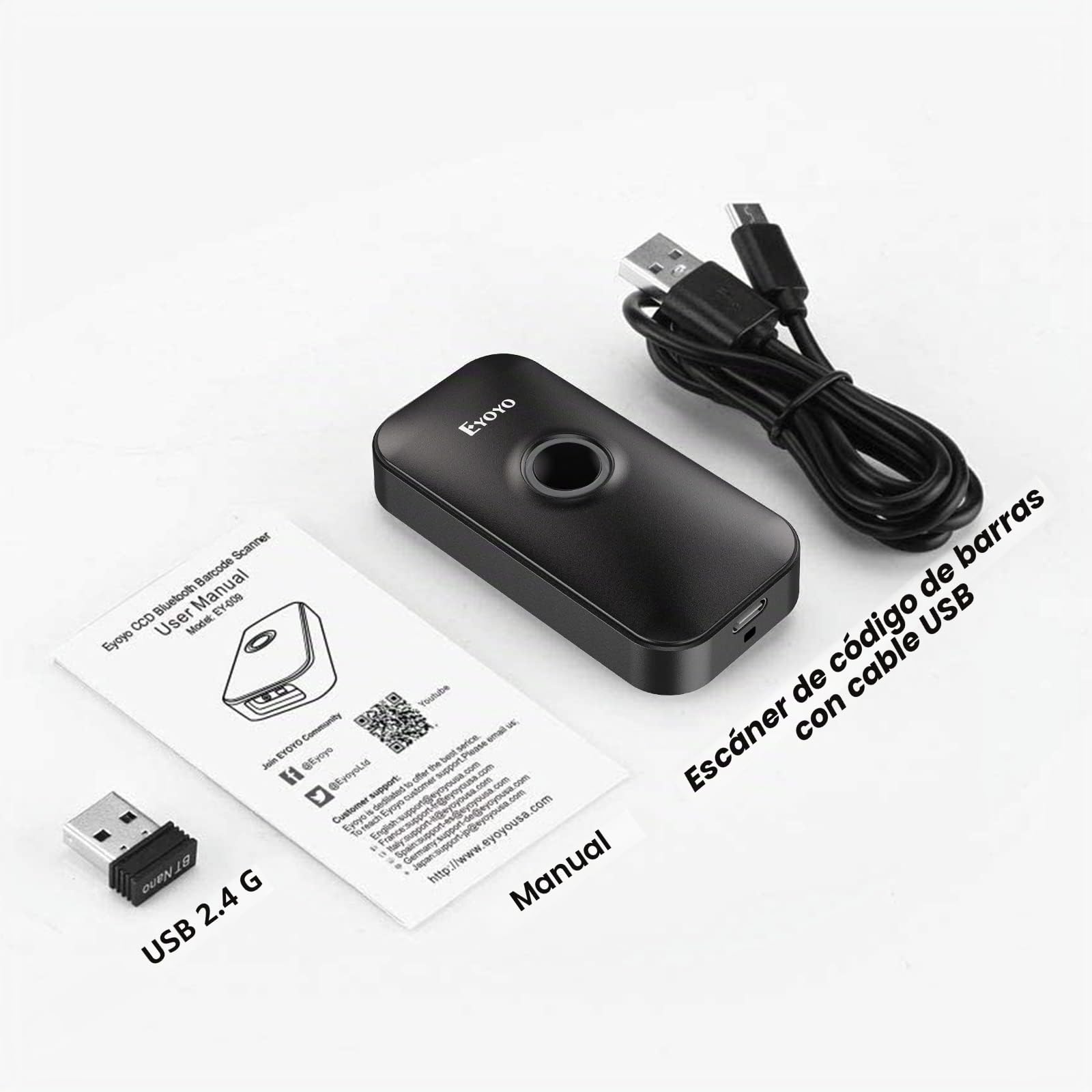 Eyoyo Escáner de códigos de Barras Mini Bluetooth 2D, 3 en 1, Cable USB 2,4 G, inalámbrico/Bluetooth, Lector de códigos de Barras portátil 1D, QR