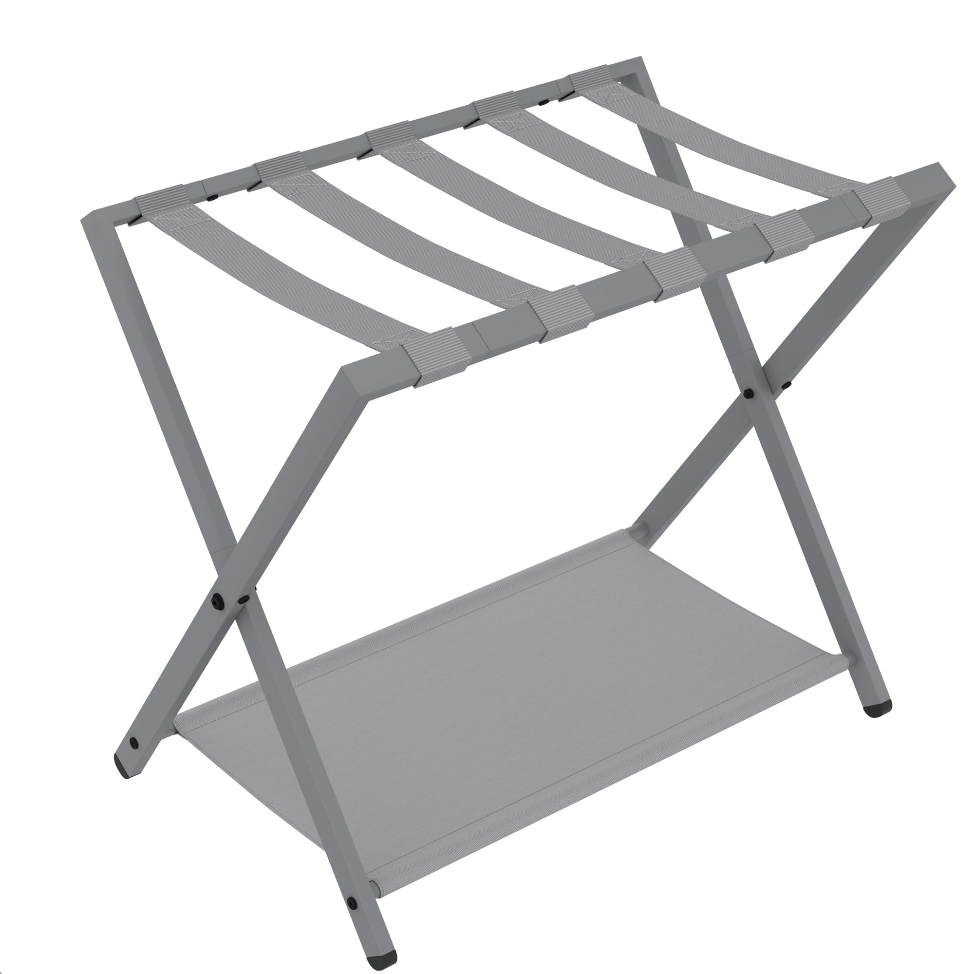 Folding Luggage Rack - Luggage Stand for Guest Room Foldable, Suitcase Holders with Storage Shelf, Steel Frame with Nylon Straps, for Bedroom, Hotel, Holds up to 131 lb, Greige, 1 Pack LR03899G