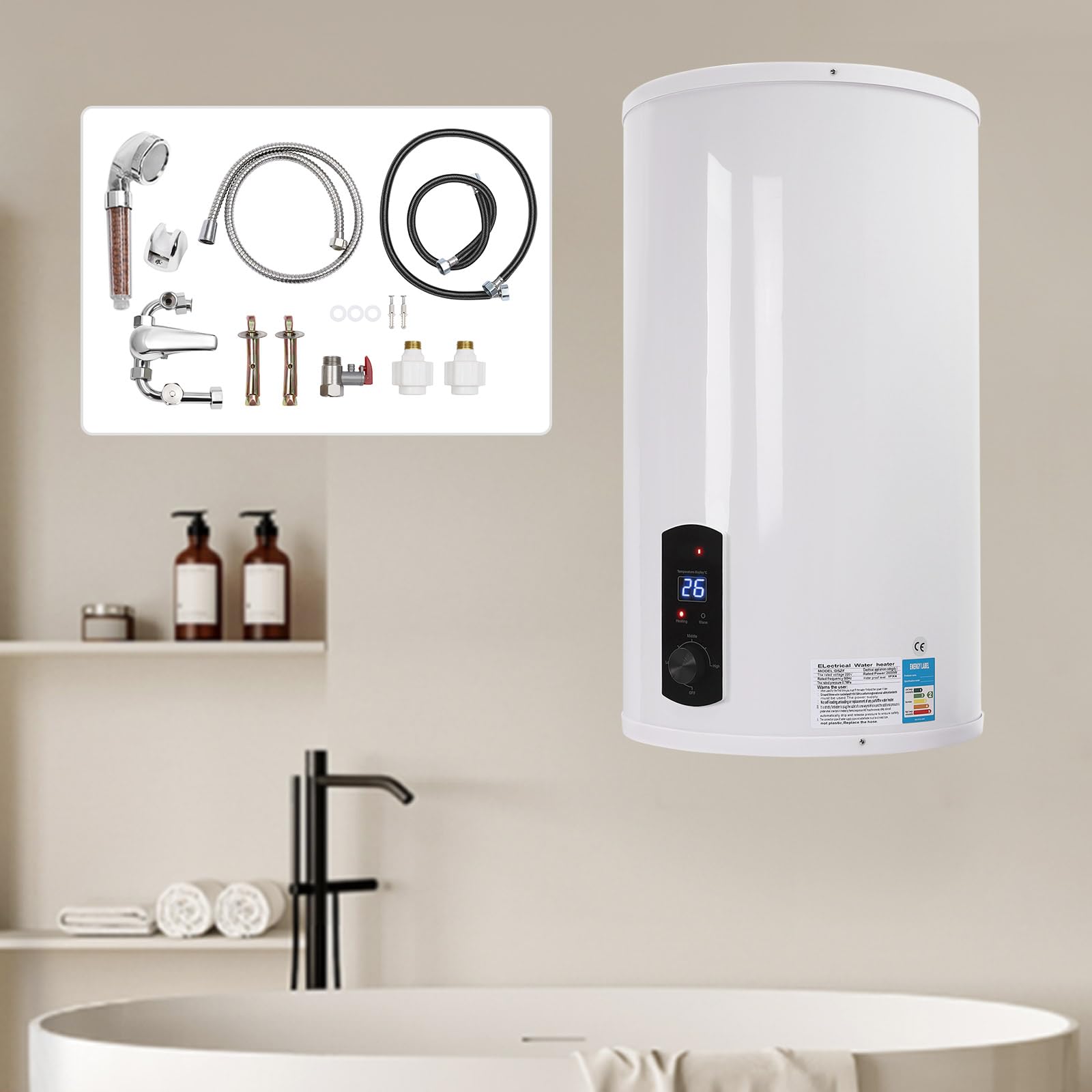Scaldacqua istantanea, 120 l, scaldabagno elettrico da 2000 W, con indicatore digitale della temperatura max. 75 °C, IPX4, impermeabile, protezione contro le perdite