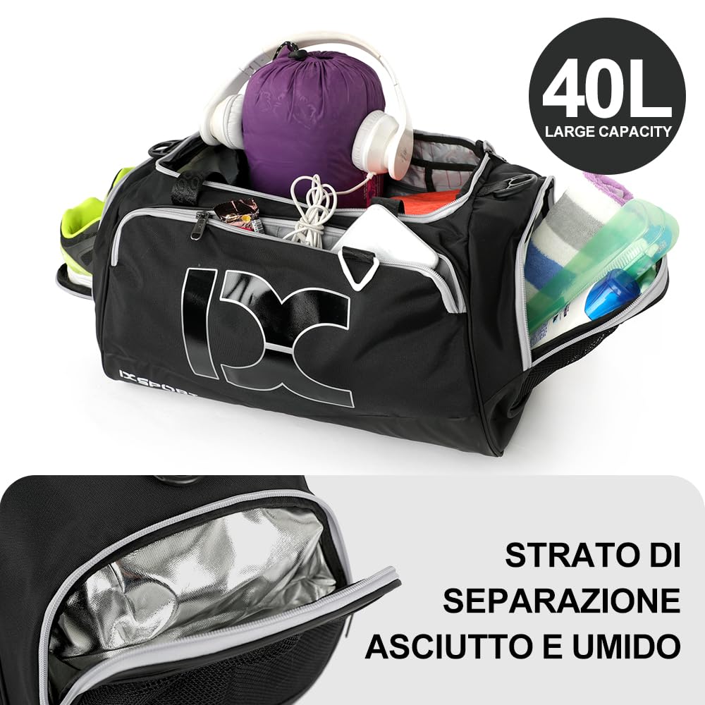 INOXTO Borsone da viaggio sportivo pieghevole grande con tasche asciutte e bagnate e scomparto per scarpe, uomo e donna, borsone da campeggio notturno per il fine settimana (Nero con bianco)