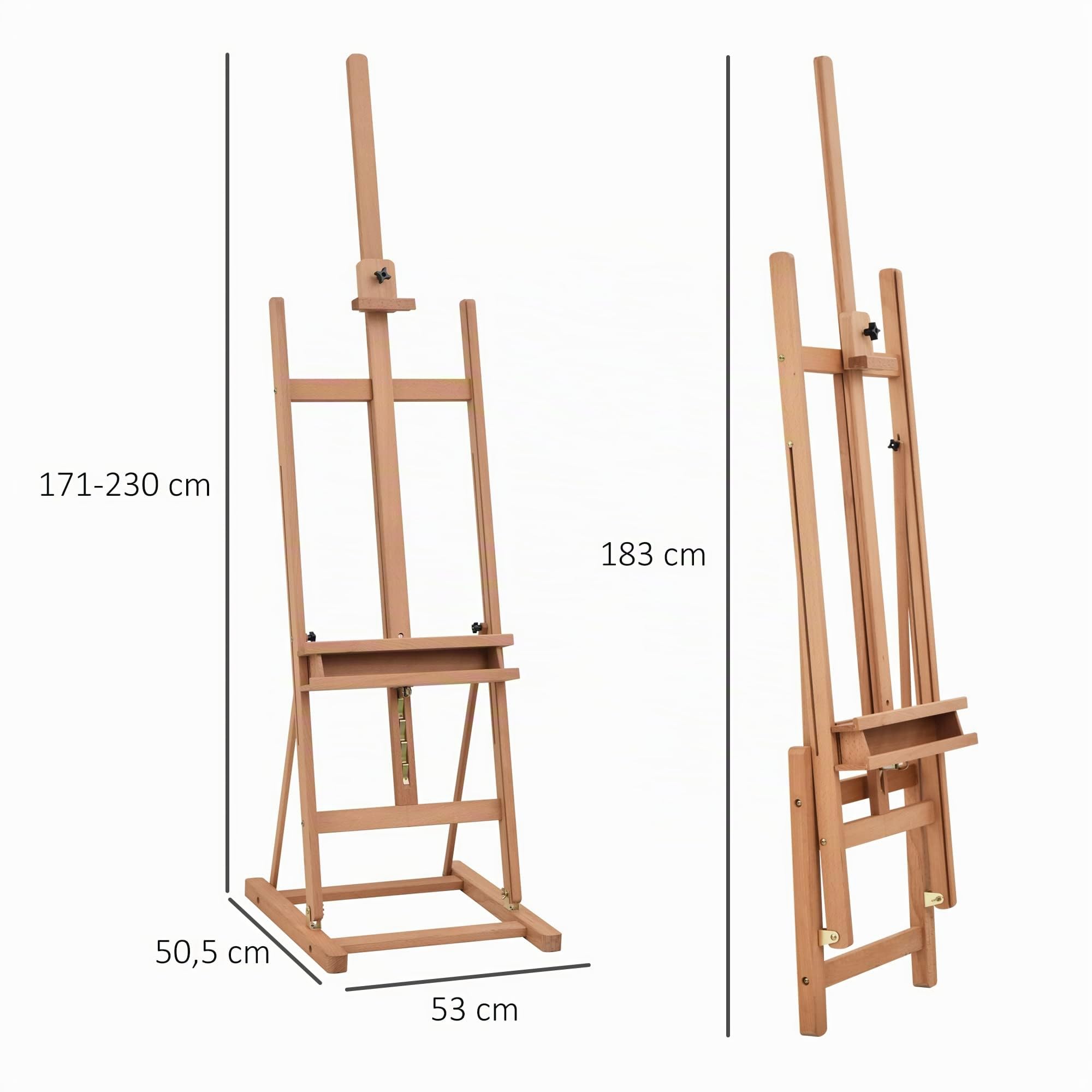 Caballete de artista con patas de altura ajustable, 16 niveles de inclinación ajustable 80° máx. nicho almacenamiento de madera de haya