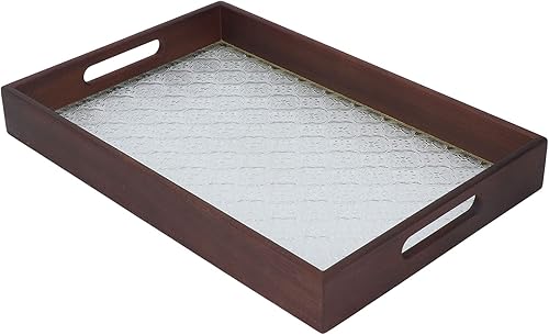 Walnut Wood Serving Tray, Rectangle Vintage Glass Bottom with Handles, Elegant Kitchen Snack Plate - Multi Purpose, Durable Wood Siding, Ideal for