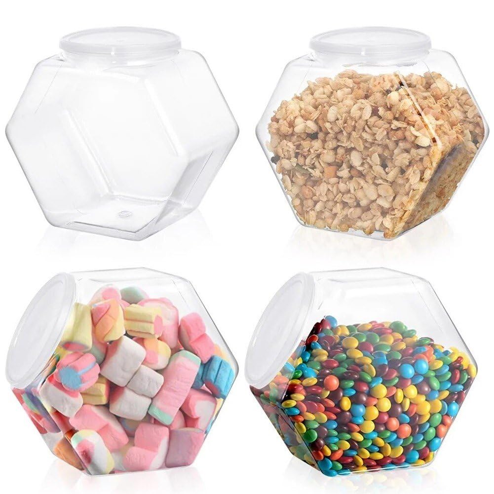Ymxygz Plastic Hexagon Candy Jars 4pcs Plastic Candy Jars with Lid Wide Mouth Clear Cookies Candies Container Sweet Jar Reusable