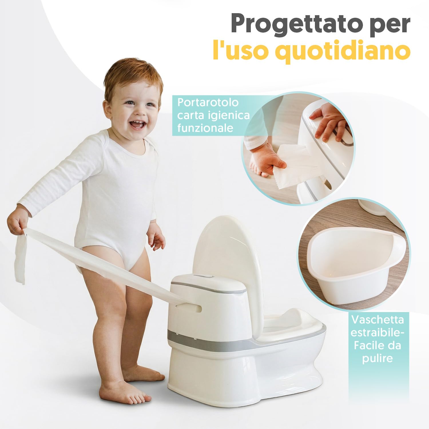 Interbaby Vasino Bambini WC Realistico con Suono di Scarico | Vasino per Bambini Antiscivolo con Porta Carta | Vasino a Forma di WC con Vaso Rimovibile | 18+ Mesi, (Bianco)