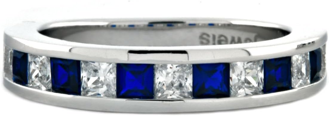 1000 Jewels Olivia B: Princess-Cut Simulated Sapphire & IOF CZ Semi-Eternity Wedding Band Silver, 3132A