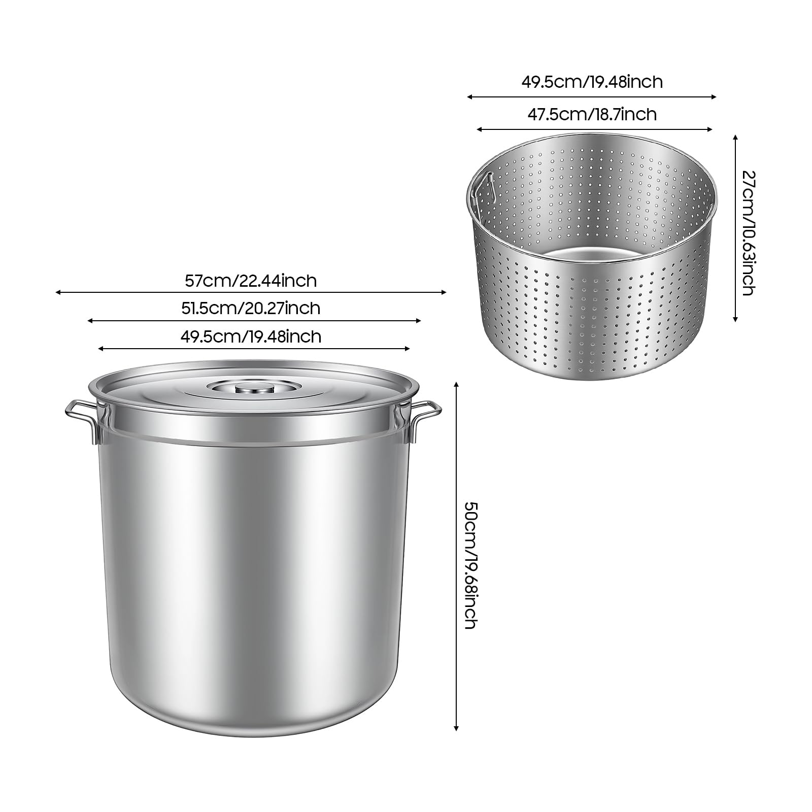 Olla de acero inoxidable 50L con cesta de filtro, olla de inducción de gran capacidad, cazuela sopa profesional, tapa asas retráctiles, todos los fuegos