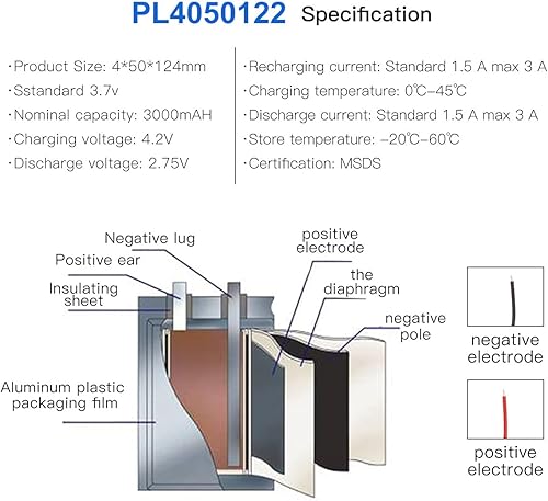 Miniatura 4 de Batería de 3.7V 3000mAh 4050122 batería recargable de iones de litio Li-ion Li-Po con conector de paso de 2P PH 0.079 in