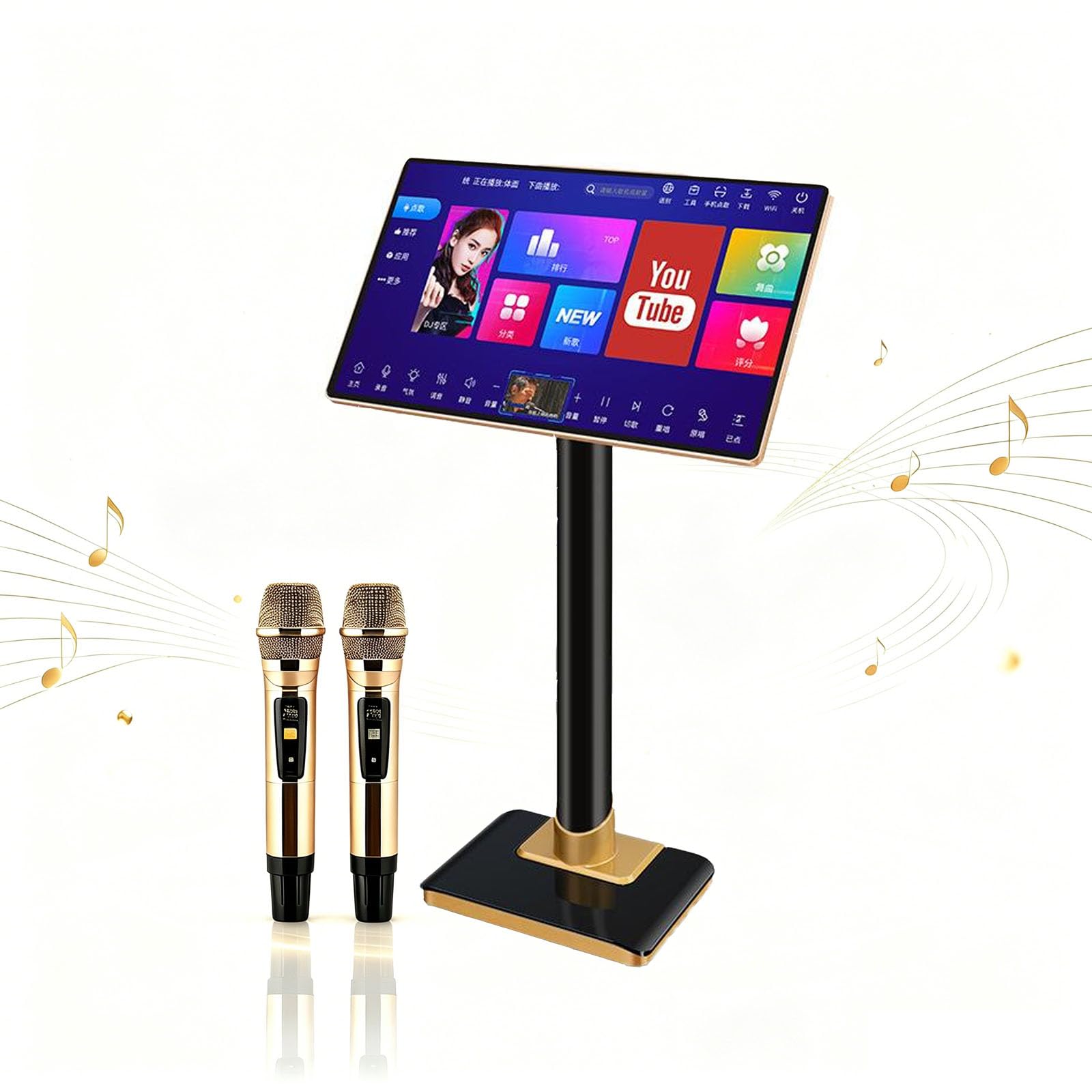 Macchina per Karaoke da 21,5 Pollici, 2 Microfoni Wireless, Sistema Touchscreen Portatile, Altoparlante Stereo Integrato E Bluetooth, Controllo Tramite App per Smartphone