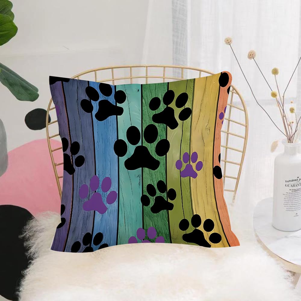 Hyosxw Pet Elements On Colorful Wood Grain Backgrou - A6 Cushion Cover,Throw Pillow Case Home Decorative For Living Room Bedroom Sofa Chair 18X18 Inch,Pet Elements On Colorful Wood Grain Background, Dog Paw Prints,Pillowcase 45X45cm