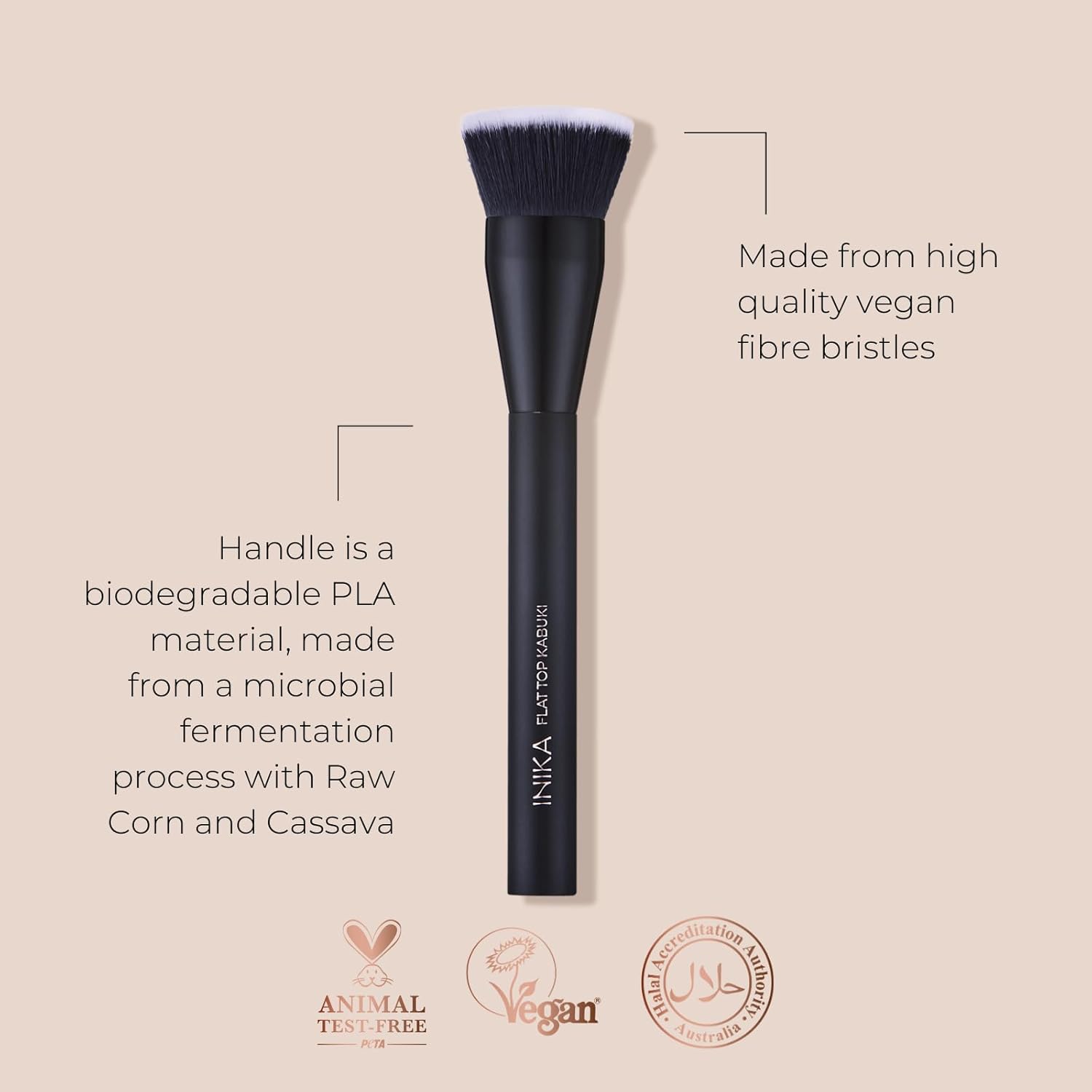 INIKA Flat Top Kabuki Brush | Buff and Press Foundation Powder into Skin for a Flawless Complexion. Vegan Bristles, Sustainable Handle.