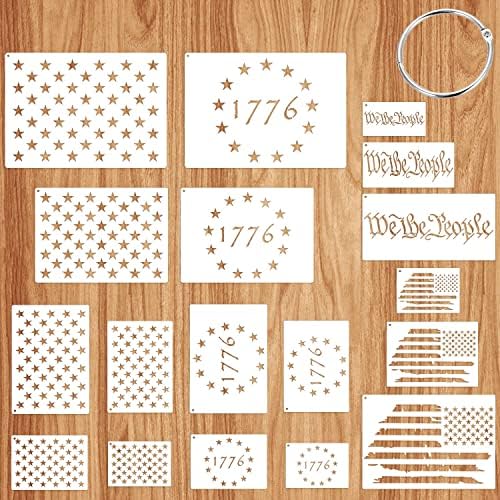 American Flag 50 Star Stencils, 13 Stars 1776 Templates, American Flag Stencils and We The People Stencil, Ideal for Painting on Wood Fabric Wall Floor Decors(4 Styles)