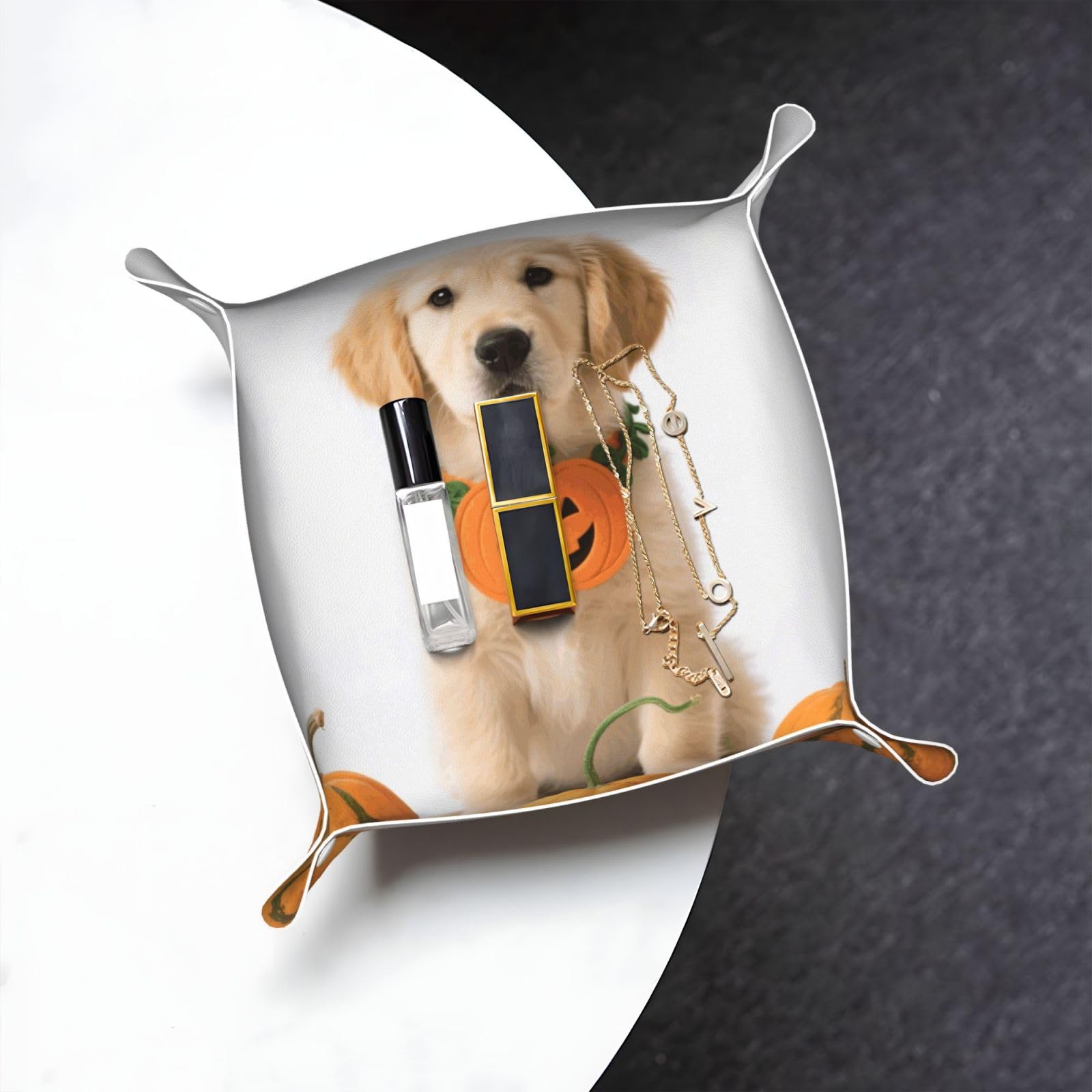 Pumpkin Dog Valet Tray Organizer Pu Leather Travel Catchall Tray Organizer Portable Jewelry Tray Storage Keys Tray for Entryway Table Coins Watches Candy
