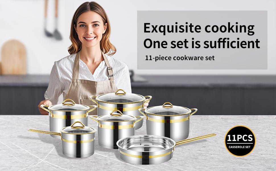 Miniatura 9 de Juego de ollas y sartenes de acero inoxidable de 11 piezas, utensilios de cocina de acero inoxidable de alta calidad, seguros para inducción,