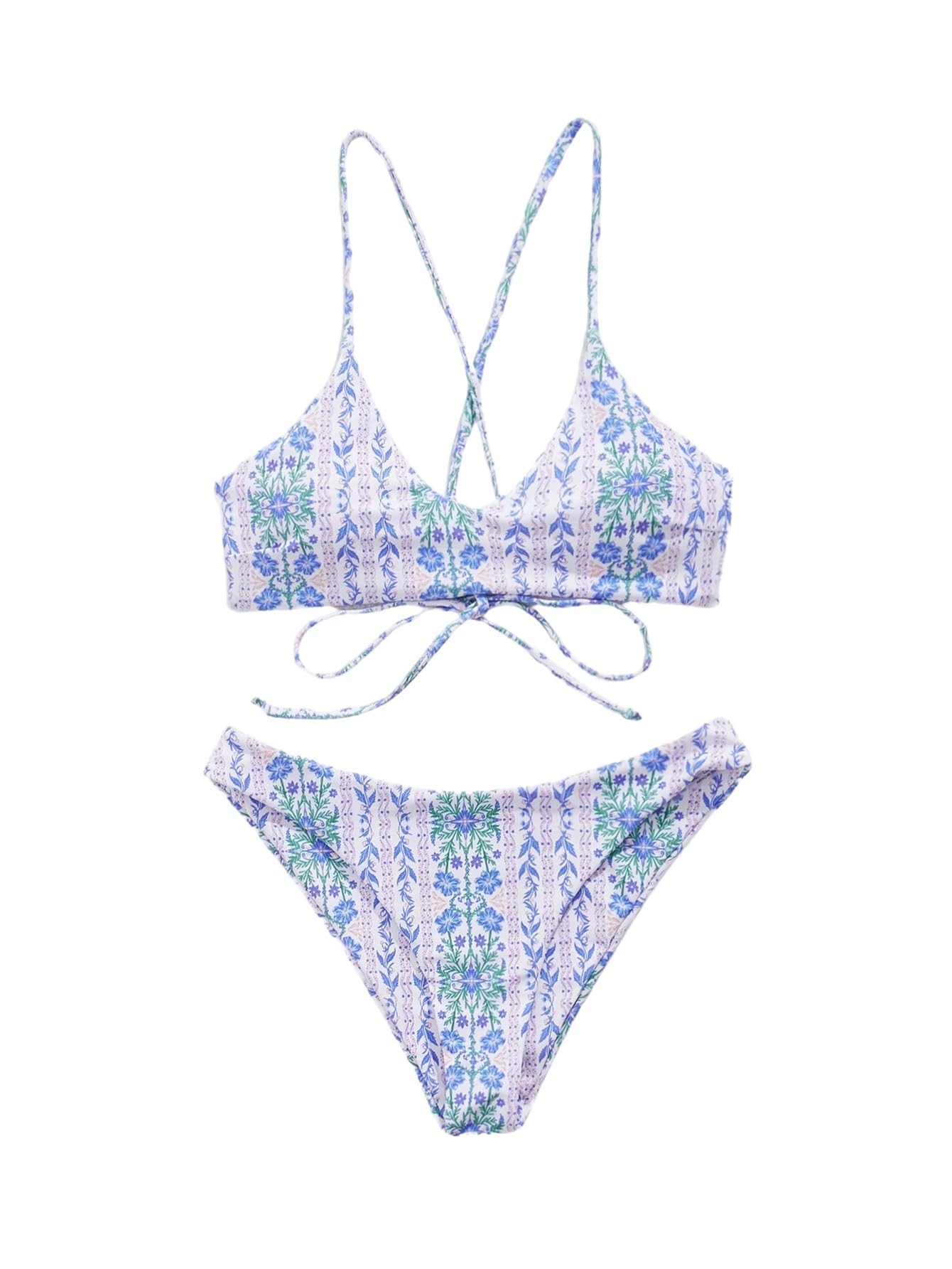 shenhe Women's Floral Bikini Set 2 Piece Criss Cross Tie Back Low Rise Boho Swimsuits-picture-12