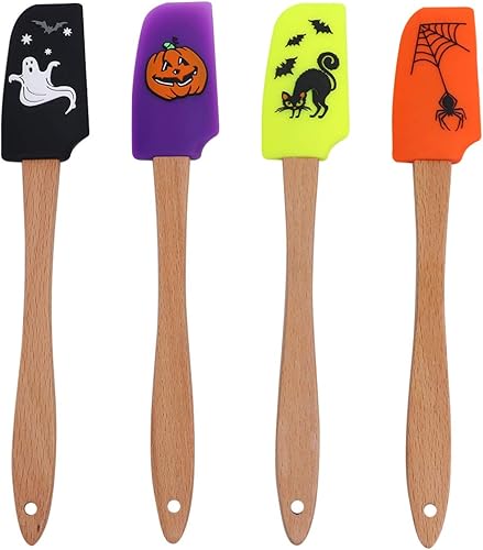 Cabilock Juego de 4 espátulas de silicona con mango de madera para Halloween, resistentes al calor, espátula de crema, utensilios de cocina para