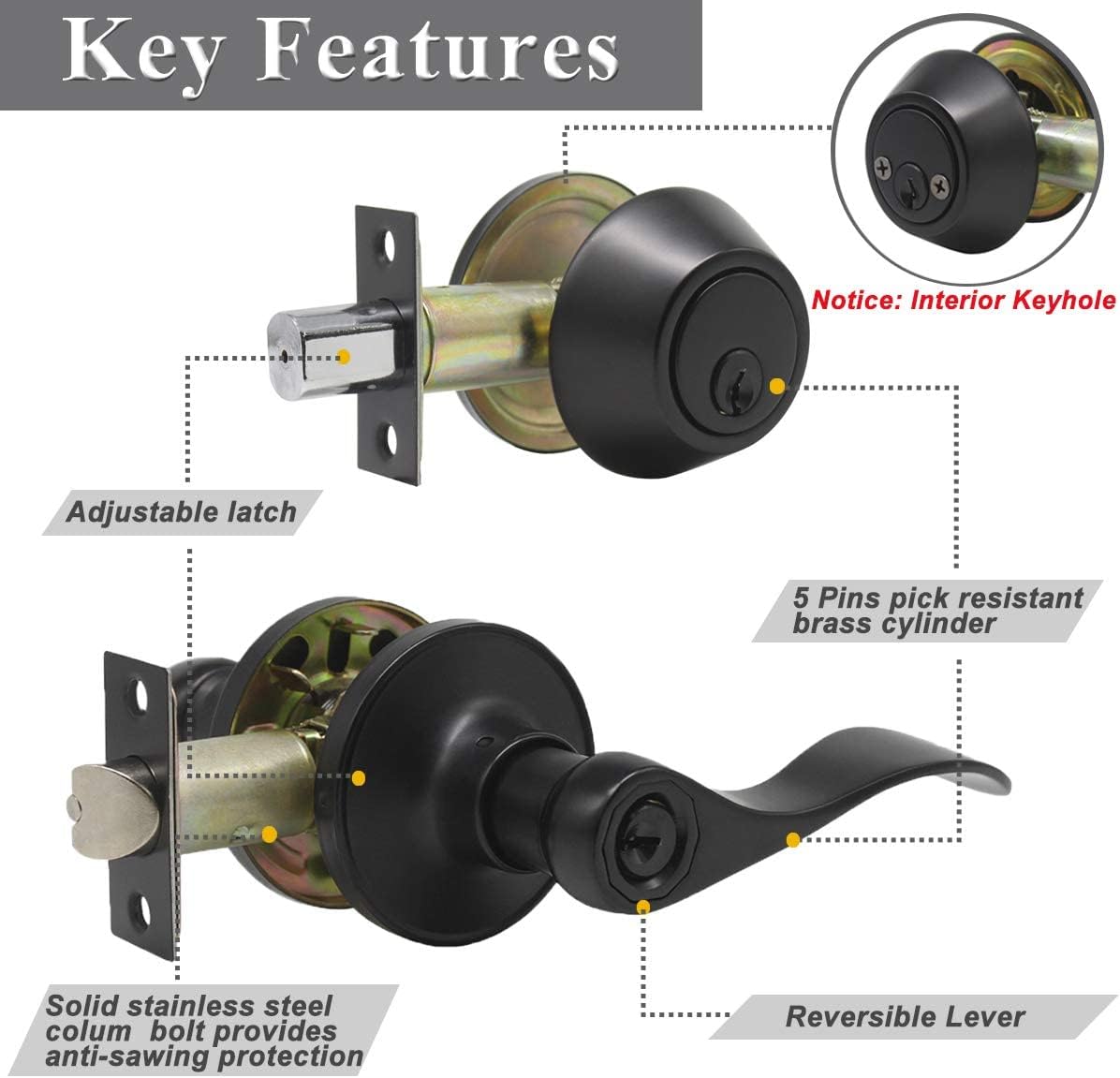 Probrico (4 Pack Entrance Lever Door Handle, Reversible for Right and Left Side, Double Cylinder deadbolt Set, Flat Black Finish Keyed Alike Combo