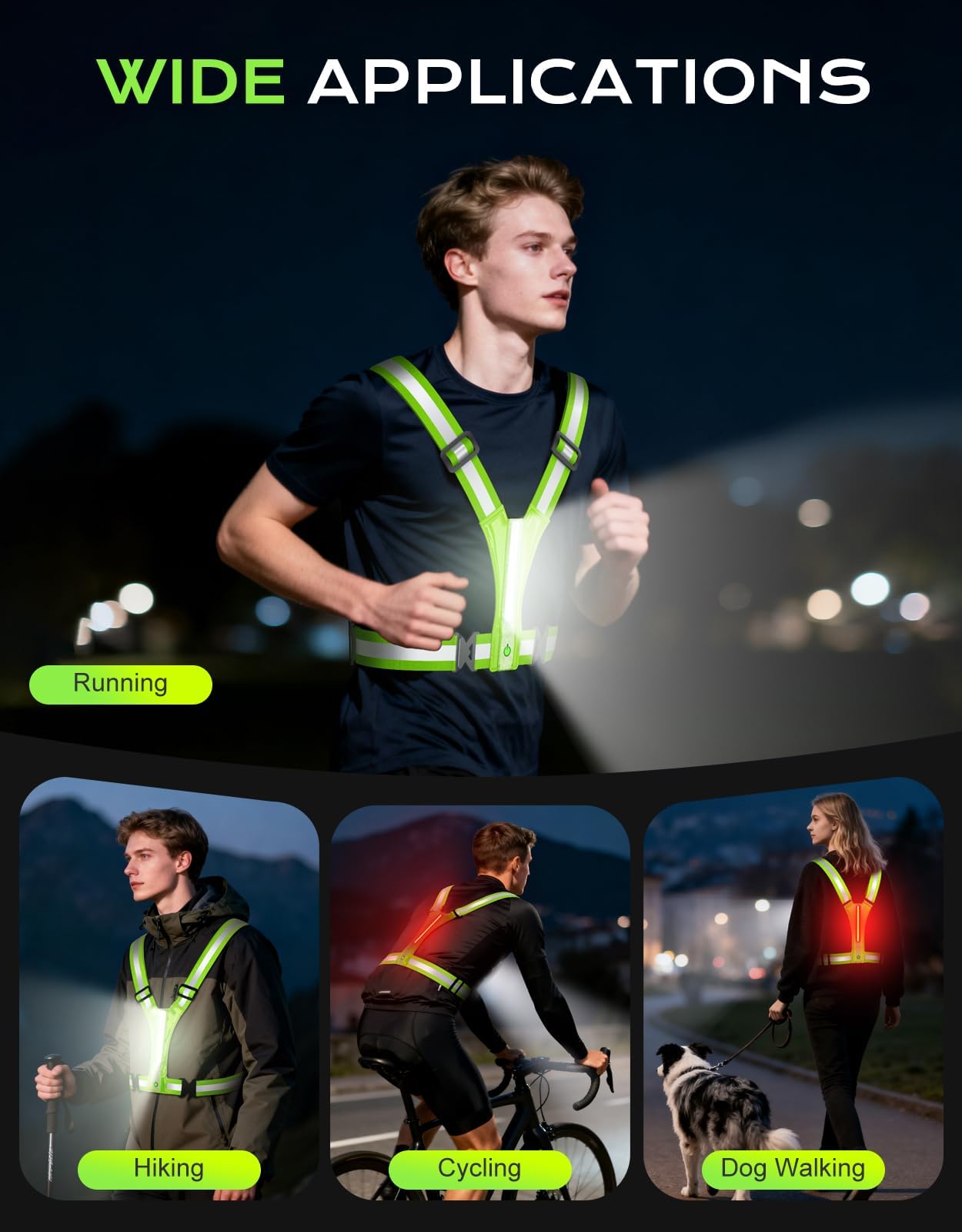 Cuvccn Gilet riflettente a LED con illuminazione super luminosa, luce da corsa visibile a 360° per corridori, impermeabile, regolabile, riflettente, per uomo/donna/bambini, passeggiate notturne, corsa