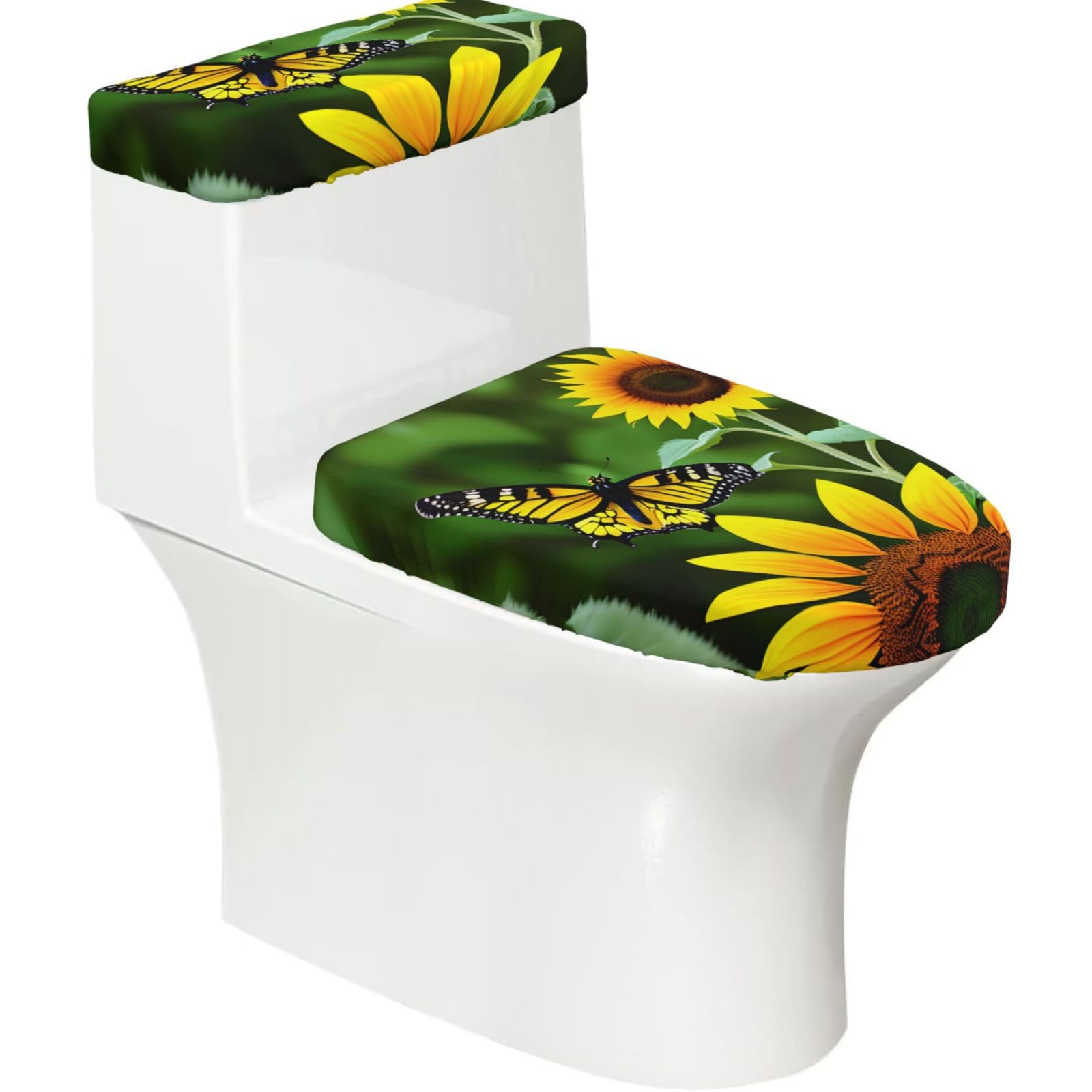Sunflower Butterfly Print Cozy Toilet Seat Warmer Cover Set Stretch Tank Lid Cover Bathroom Essentials For Most Toilets