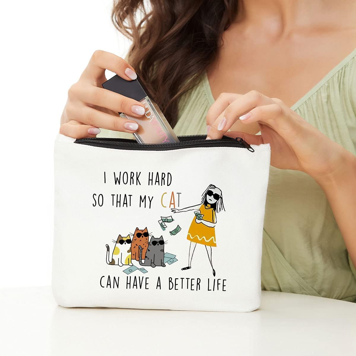 JIUWEIHU Cat Lover Gifts for Employed Women, Durable Makeup Bag Gifts for Travel, Cute Portable Cosmetic Bag for Cats Mom, Better Life Work in Dairy Live Lightweight Pouch for Powerful Women - Image 2