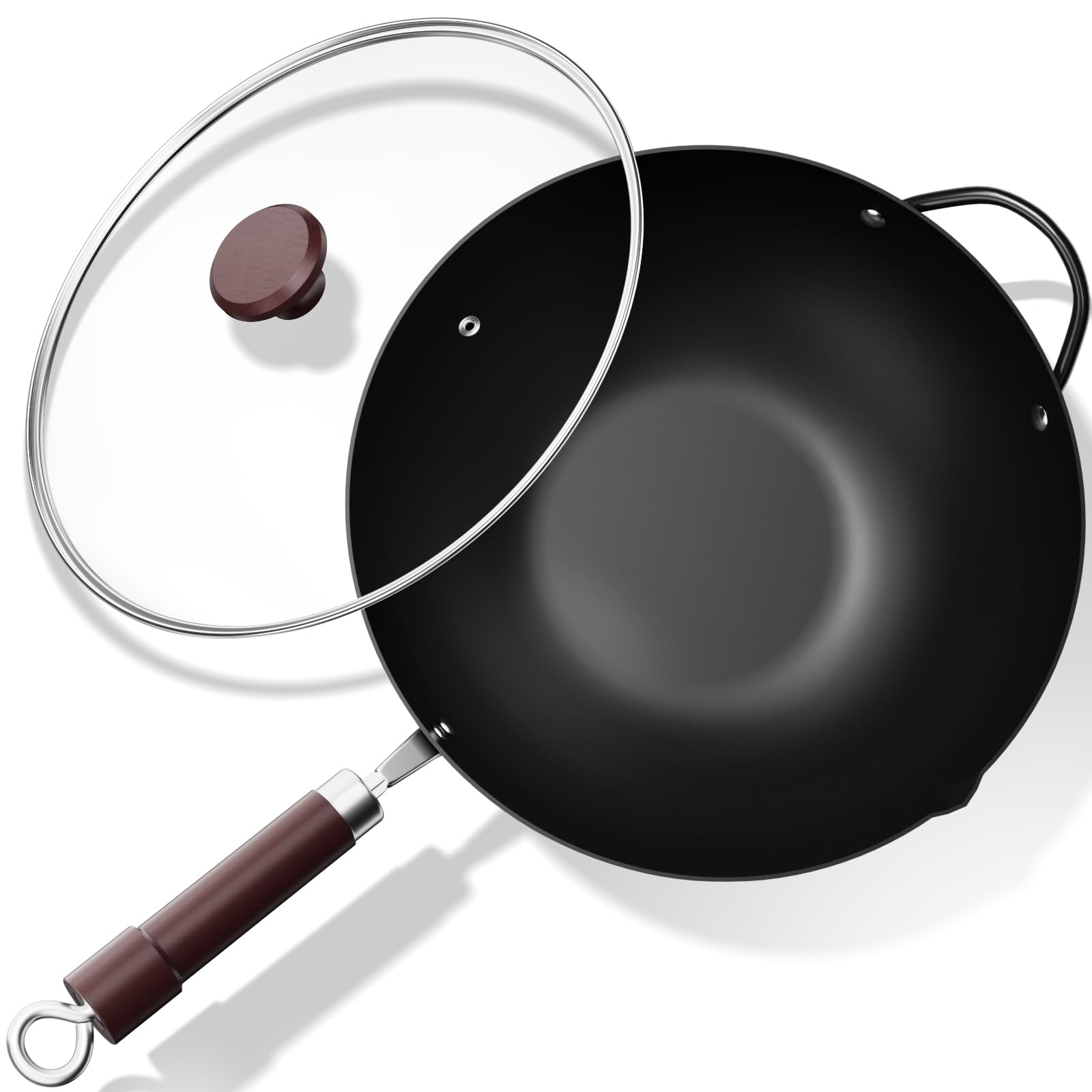 Jobin 32cm Wok Non Stick with Lid, Carbon Steel Induction Wok Pan with Pouring Spout & Steel Helper Handle, Pre-Seasoned Large Frying Pan with Flat Bottom for All Hobs