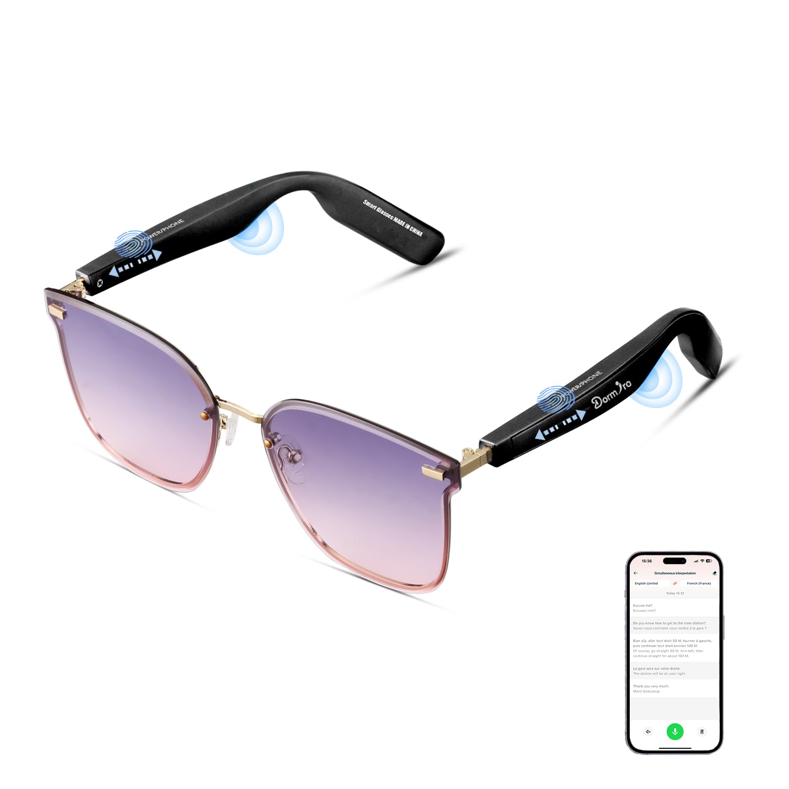 dormiro bluetooth glasses for women nano ipx7 waterproof smart glasses with ai translator 150+ language ai glasses with speaker,open ear headphones,touch control bluetooth sunglasses