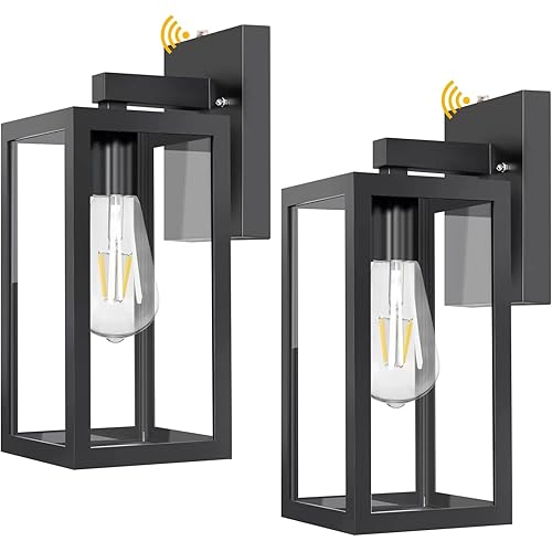 2 Pack Dusk to Dawn Outdoor Wall Lantern with Sensor, Exterior Porch Light Fixtures Wall Mount with E26 Base Socket, Anti-Rust Waterproof, Matte Black Outdoor Wall Lights for Doorway, Garage, Hallway…