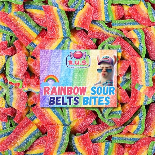 Rainbow Sour Belts – Bite-Size Sour Belts Candy, Fruity Tangy Sour Candy Strips, Sour Blue Raspberry Candy, Sour Apple Candy, Strawberry Sour Belts, Sour Candy Belts, Bulk Sour Straws, Sour Ropes Bag by RUS Candy Company (Half Pound)