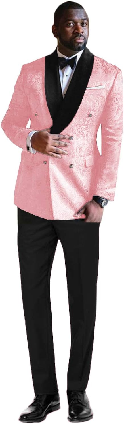 QZI Men's Floral Jacquard Suit Double Breasted Detachable Satin Collar Suit Sets