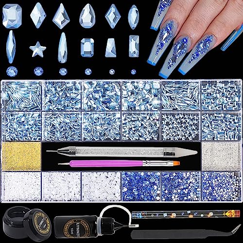 Nail Rhinestones Kit 9080PCS Flatback Rhinestones for Nail Crystals Decoration Nail Hearts Multi Shapes Mix Size and Metal Beads Pearl Gold Silver with glue gel and Pen brush tweezers(Light Blue)