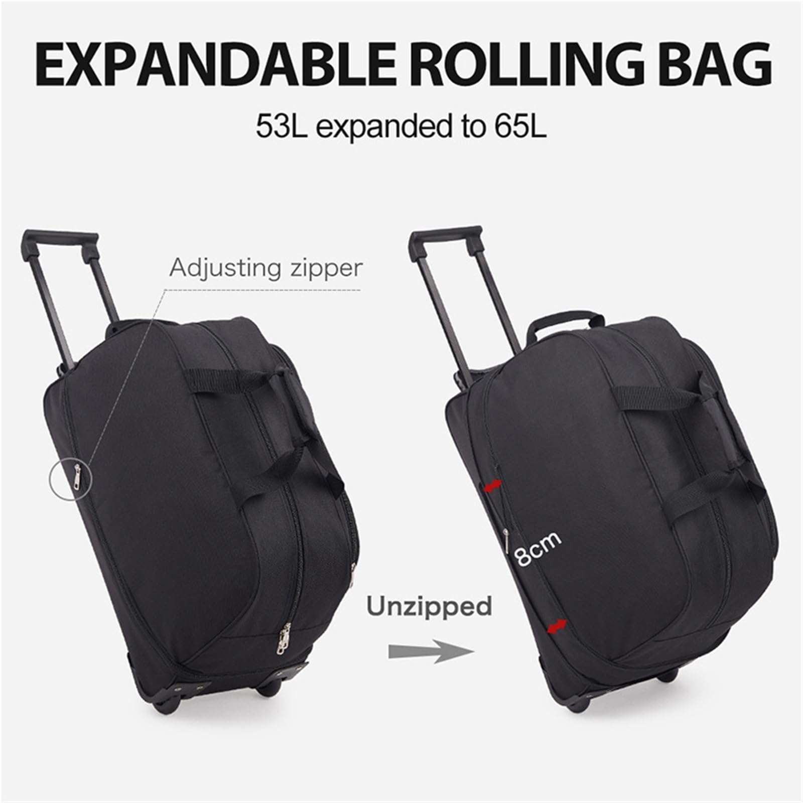 Bolsa de Viaje con Ruedas for Hombre, 56 l, Impermeable, Plegable, con Ruedas, for Mano, Equipaje de Mano, Paquete de expansión(Black)