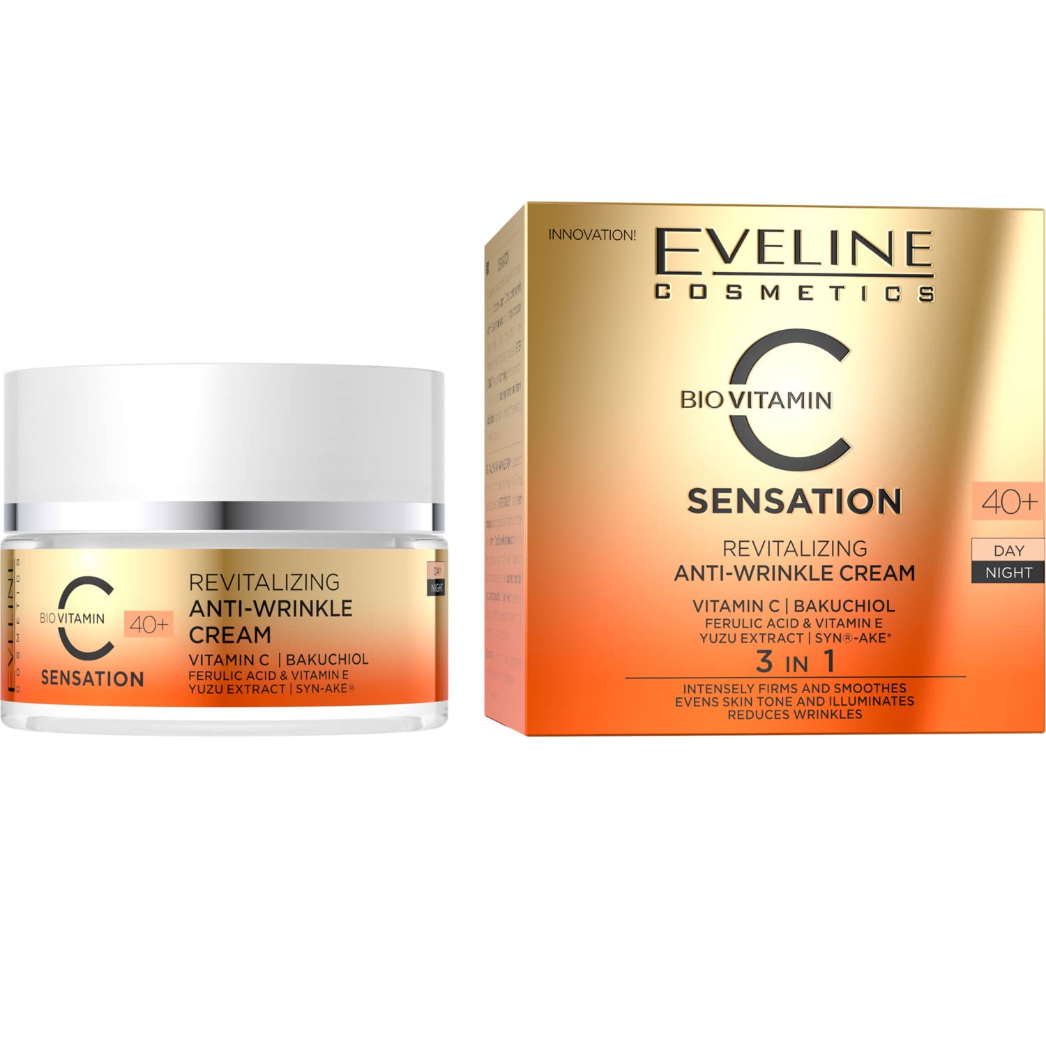 Eveline Cosmetics C Sensation Revitalizing Anti-Wrinkle Day & Night Cream 40+ | 3 In 1 Formula To Intensily Firms & Smooth Skin | Brightens & Regenerates Skin Tone | 50 Ml