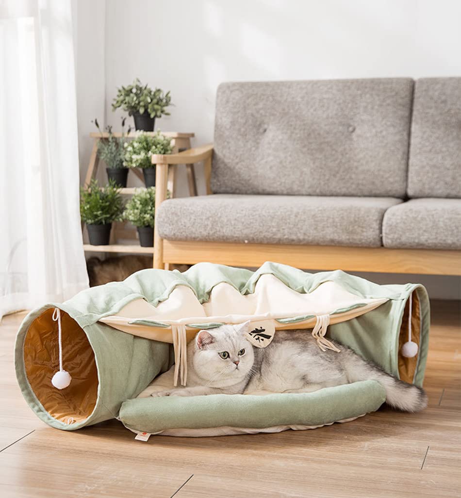 2 in 1 Katzentunnel Bettschlauch mit Kissen und Plüschball Spielzeug Spielplatz Knistern zusammenklappbar für große Katzen Kätzchen Kitty Welpe Kleine Hunde Faltbar Weiches Haustier Spielbett Indoor
