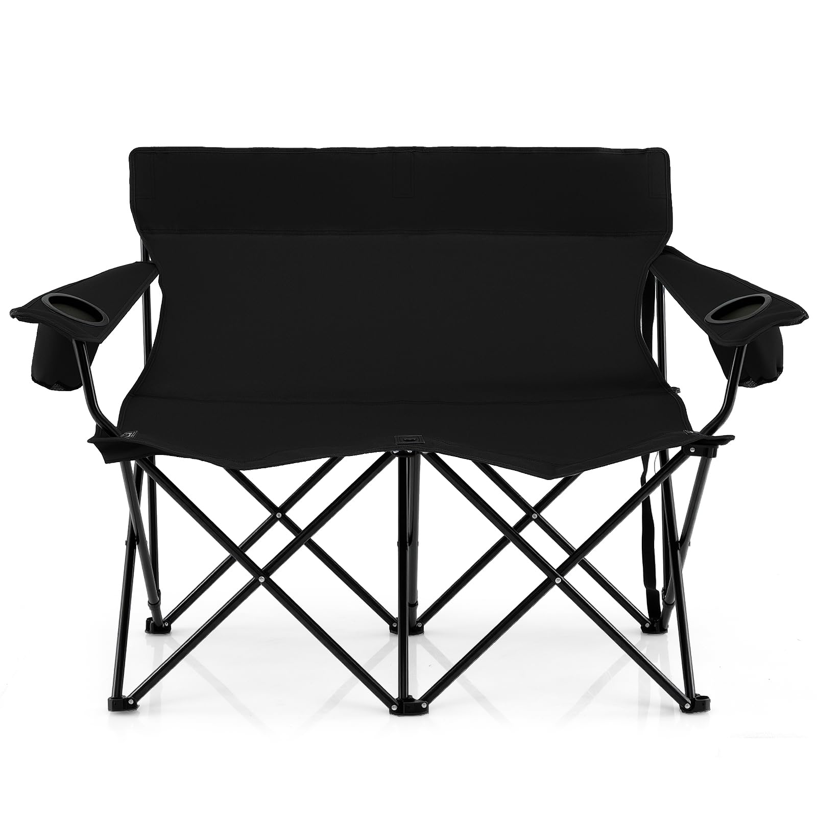 COSTWAY Chaise Pliante Camping à 2 Places, 132 x 66 x 96 cm, Charge 300 kg, Chaise de Jardin Exterieur, 2 Porte-Gobelets, Sac de Transport, Tissu Oxford, Fauteuil Pliant pour Plage Voyage Pêche (Noir)