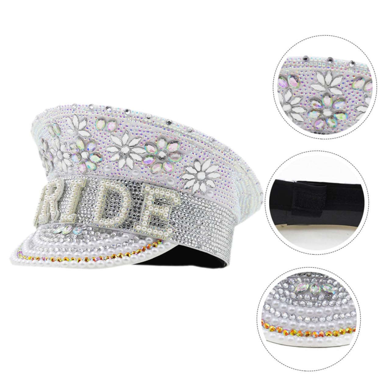 NUOBESTY Sombrero de Novia Color Claro Gemas de Imitación, Talla Única Ajustable, Estilo Capitán para Despedidas de Soltera y Bodas, Accesorio Brillante para Fiesta y Fotografía