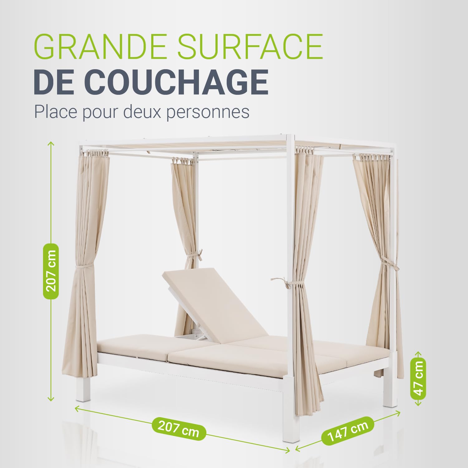Juskys Kreta Lit de jardin double pour 2 personnes - Toit et dossier réglables - Chaise longue pour terrasse, jardin et balcon - Blanc