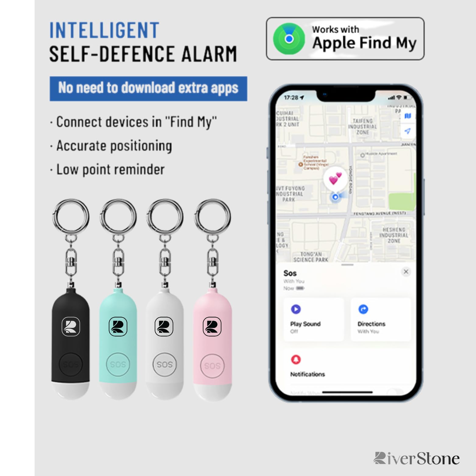 River Stone Allarme di Sicurezza Personale 130dB per Apple FindMy iOS (14.5+) Porta Chiavi Localizzatore Anti-aggressione, Sirena di Emergenza per Donna Bambino Anziano, Localizzazione, Auto-difesa