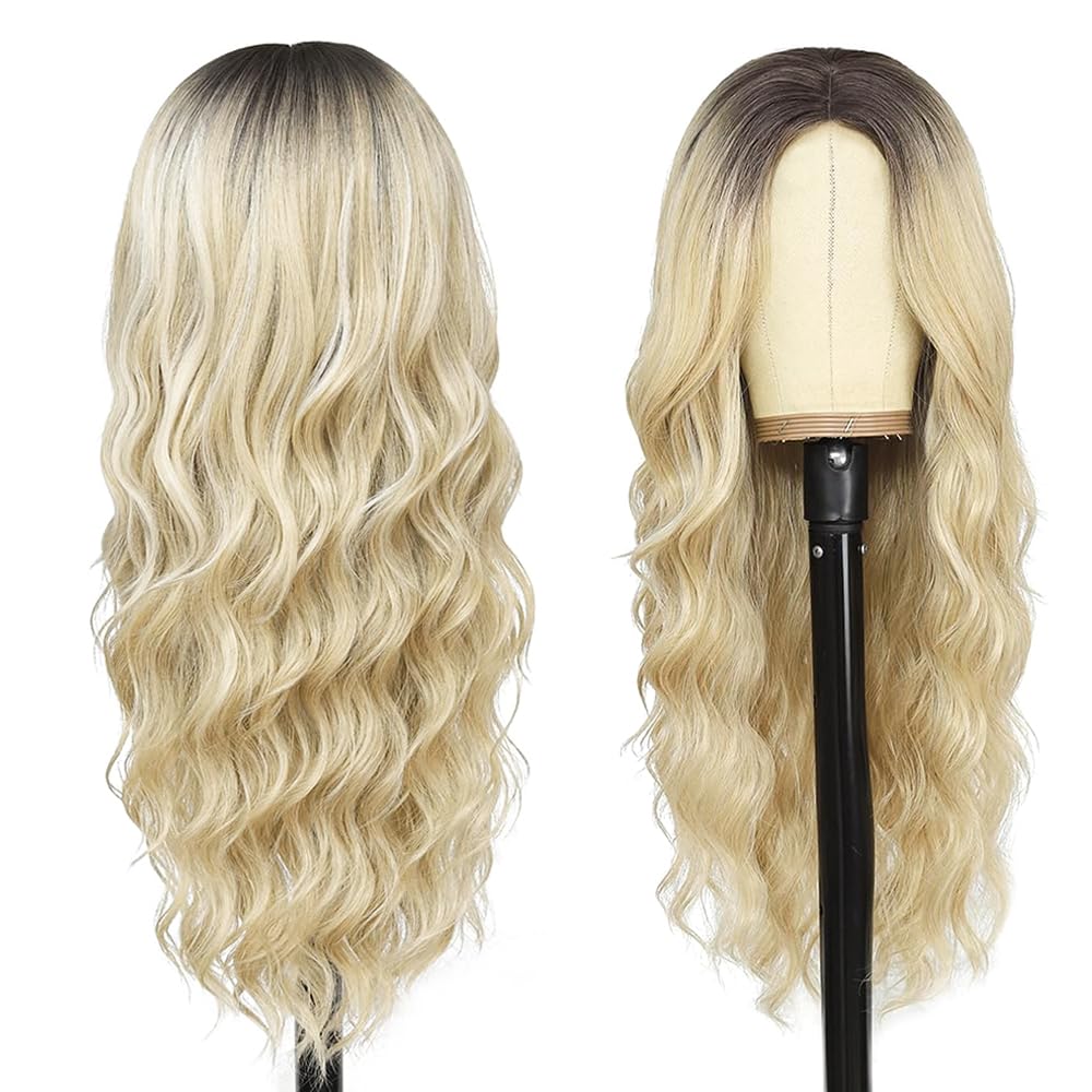 PORSMEER Long Ombre Blonde Wigs for Women Natural Looking Wavy Curly Synthetic Hair Wig with Brown Roots Middle Parting 26inch Ladies Realistic Wigs - Image 4