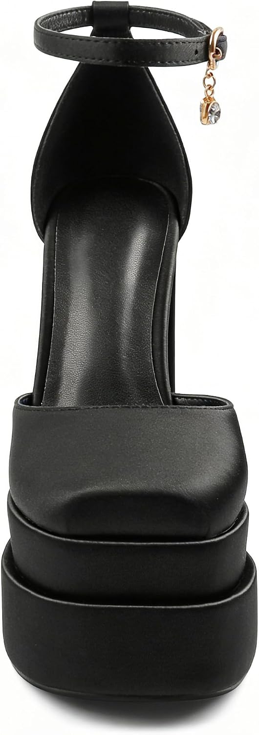 MERUMOTE Womens Sexy High Heels Platforms Pumps Square Toe Chunky Block Heels Rhinestone Party Shoes